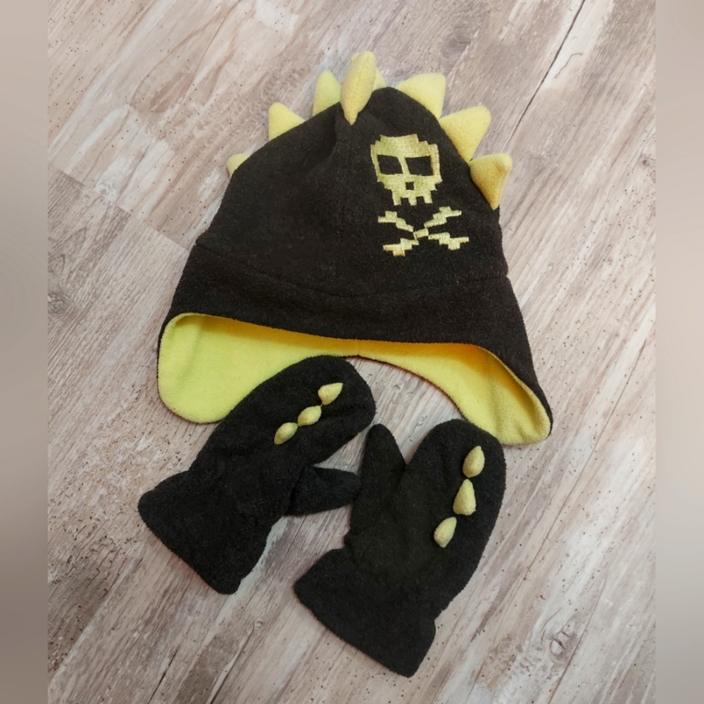 Toddler Boys Skull Bones Spike Dinosaur Dragon Toque And Mittens Set Yellow Gray